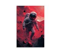 Un astronauta composto da poligoni digitali frammentati che esplorano un paesaggio alieno surreale, color cremisi con montagne geometriche galleggianti, mescolando elementi astratti e fantascientifici