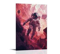 Un astronauta composto da poligoni digitali frammentati che esplorano un paesaggio alieno surreale, color cremisi con montagne geometriche galleggianti, mescolando elementi astratti e fantascientifici