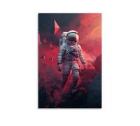 Un astronauta composto da poligoni digitali frammentati che esplorano un paesaggio alieno surreale, color cremisi con montagne geometriche galleggianti, mescolando elementi astratti e fantascientifici