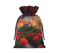 Un bellissimo sacchetto in iuta con coulisse in tessuto scozzese e etichetta in carta kraft, borsa leggera e resistente