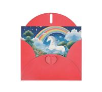 Un bellissimo set di biglietti d'auguri rossi stampati con unicorni con buste e adesivi coordinati