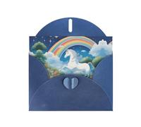 Un bellissimo set di biglietti di auguri blu stampati con unicorni con buste e adesivi coordinati