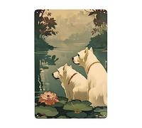 Un Cane Bianco È Accanto Allo Stagno Di Loto Cartello Decorativo Decorative Poster Metal Vintage Cartelli Metallo Per Bagno Cafe Casa