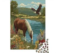 Un cavallo beve acqua nel fiume, con un'aquila che vola nelle vicinanze Puzzle 1000Pcs Decorazione Per La Casa. Rilassamento E Intelligence Per Adulti E Bambini Da 14 Anni 38x26cm/1000pcs