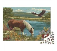 Un cavallo beve acqua nel fiume, con un'aquila che vola nelle vicinanze|| Puzzle Divertenti Per Tutta La Famiglia 1000pcs (75x50cm) Adulti
