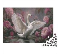 Un cigno bianco con le ali spiegate, peonie rosa Puzzle Sostenibili Con Motivi Per Adulti Da Gioco in Legno Di Alta Qualità 1000pcs (75x50cm)