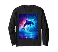 Un Delfino incandescente Salta Attraverso Onde elettriche Blu Neon Maglia a Manica