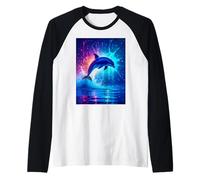 Un Delfino incandescente Salta Attraverso Onde elettriche Blu Neon Maglia con Maniche Raglan