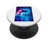 Un delfino incandescente salta attraverso onde elettriche blu neon PopSockets PopGrip Adesivo