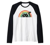 Un Divertente Gatto Nero nei Gatti Arcobaleno retrò Maglia con Maniche Raglan