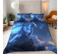 Un Drago Blu Sta Sulla Cima Della Montagna Copripiumino Una PiazzaMezza 200x200 (2 Federa 50x80) Scena Notturna Fantasy Set Copripiumino 3D Microfibra Ultra Angoli FissiCerniera Morbido LeggeroFacile