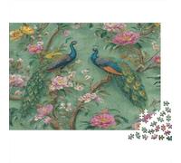 Un elegante pavone appollaiato su un ramo fiorito Puzzle Sostenibili Con Motivi Per Adulti Da Gioco in Legno Di Alta Qualità 1000pcs (75x50cm)