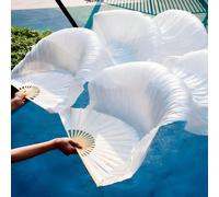 Un elegante ventaglio da danza del ventre bianco con una lunga tenda di bambù - versione per mano destra, realizzato in seta fluida, perfetto per feste, esibizioni ed eventi culturali. Tagli Unica,Dal