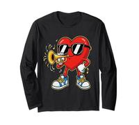 Un Fun Cartoon Cuore Rosso Che Gioca LA Tromba Maglia a Manica
