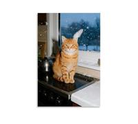 Un gatto arancione che si accovaccia sul fornello con le zampe nascoste, baffi spolverati di neve, mentre la piuma d'oca cade fuori dalla finestra, decorazione da parete alla moda, poster artistico da
