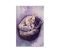 Un gatto assonnato arricciato in una palla stretta, dipinto dolcemente su uno sfondo di lavanda tenue di accogliente quiete. Decorazione da parete alla moda - Poster artistico da appendere e murale 20