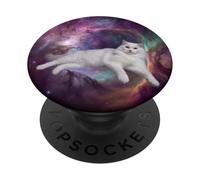 Un gatto bianco contro un cosmico vibrante e colorato PopSockets PopGrip Adesivo