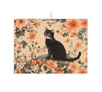 Un gatto nero che guarda i fiori grande tappetino scolapiatti in microfibra riutilizzabile lavabile scolapiatti tappetino per accessori da cucina 45,7 x 61 cm