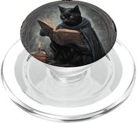 Un gatto nero che indossa un mantello studiare incantesimi di Halloween PopSockets PopGrip per MagSafe