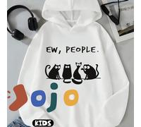 Un gatto nero con grandi occhi e la scritta "Ew, people" stampata su una maglietta per bambini e bambine, caratterizzata da un design oversize curvo, spalle scese, stile preppy, tessuto morbido e conf