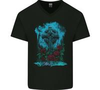 Un Gotico Celtic Croce e Rose Uomo Scollo A V Cotone T-Shirt