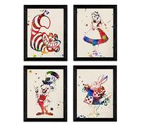 Un insieme di quattro colori fogli di stile scoppio. Poster Alice nel paese delle meraviglie, fogli di formato A4 Alice, coniglio, cappellaio e gatto senza cornice