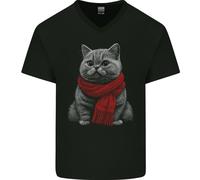 Un Inverno Gatto IN Un Sciarpa Uomo Scollo A V Cotone T-Shirt