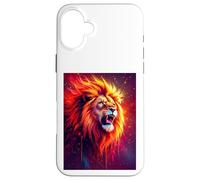 Un maestoso leone ruggisce tra vorticose fiamme al neon d'oro Custodia per iPhone 16 Plus
