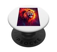 Un maestoso leone ruggisce tra vorticose fiamme al neon d'oro PopSockets PopGrip Adesivo