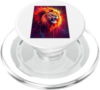 Un maestoso leone ruggisce tra vorticose fiamme al neon d'oro PopSockets PopGrip per MagSafe