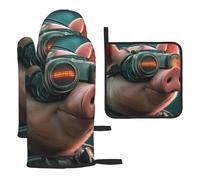 Un maiale che indossa occhi meccanici resistenti al calore guanti da cucina colorati cuscinetti caldi, roba da panettiere, regali da cucina per amanti della cucina cuochi mamma