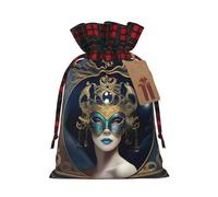 Un MoonlitMasquerade (1) sacchetto di iuta con coulisse con tessuto scozzese e etichetta in carta kraft, borsa leggera e resistente