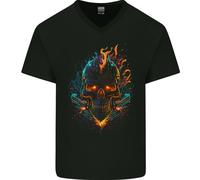 Un Neon Teschio Con Fiamme Fantasia Demone Uomo Scollo A V Cotone T-Shirt