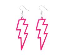 Un paio di orecchini in acrilico neon vintage a forma di fulmini rosa, nello stile degli anni '80 e '90, adatti per donne e ragazze durante feste tematiche e balli mascherati.