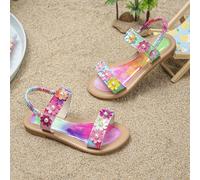 Un paio di sandali con fiori arcobaleno per ragazze, adatti per la primavera e l'estate, decorati con fiori tridimensionali e perle, ideali per l'uso quotidiano a scuola, al parco, al mare, in spiaggi