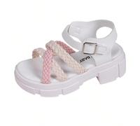 Un paio di sandali per bambine/ragazze più venduti. Il corpo principale del gambale è bianco. Le cinghie intrecciate sono in una combinazione di bianco e rosa. C'è una cinghia con fibbia in metallo al