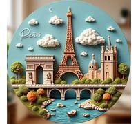 Un Parigi da sogno: Calamita per frigorifero in carta 3D, skyline impilato e barche, Torre Eiffel e cattedrale in rilievo, fascino circolare con scritta a mano - Decorare il frigorifero con la poetica