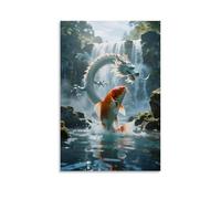 Un pesce koi che salta contro la corrente attraverso una cascata, squame scintillanti, con l'ombra di un drago nascosta nella nebbia, arte da parete contemporanea da appendere, design decorativo da
