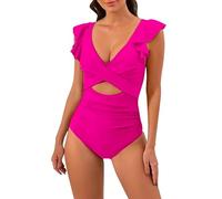 Un pezzo Costume da bagno Halter Pancia piatta di grandi dimensioni Swimwear a vita alta scollo a V volant atletico costume da bagno sexy dimagrante Swimsuit vintage Nuoto donna Monokinis, rosa caldo