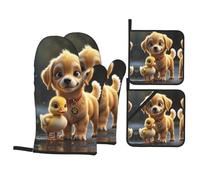 Un piccolo anatroccolo giallo Un set da 4 pezzi di guanti da cucina e presina stampati guanti da forno e guanti da barbecue sono essenziali per la cucina