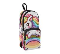 Un piccolo astuccio con unicorno in stile cartone animato con galoppi su un arcobaleno, grande capacità, astuccio portapenne con scomparto per studenti a forma di zainetto, organizer per cancelleria,
