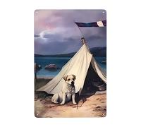 Un Piccolo Cane Bianco È Vicino Alla Tenda Cartello Decorativo Divertente Targa In Metallo Vintage Cartelli Metallo Per Ristorante Bagno Cafe