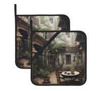 Un piccolo cortile con stampa di tè quadrato resistente al calore (set di due) 20,3 x 20,3 cm: tessuti di qualità, anti-scottatura e facile da pulire