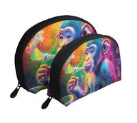 Un Primate colorato con una scimmia che trasporta una tazza di caffè stampato borse per il trucco 2 pezzi borsa da toilette portatile da viaggio, bianco, Taglia unica