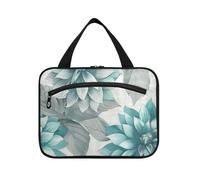 Un primo piano di foglie floreali grigie e verde acqua su tessuto bianco borse da appendere per le donne viaggi con gancio, borsa da toilette di design per le donne vacanza bolso para maquillaje L