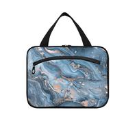 Un primo piano di un modello astratto di marmo appeso borse cosmetiche per le donne con gancio, borsa di trucco di moda progettista per auto per la mamma viaggio bolsa de maquillaje para mujer M, Un