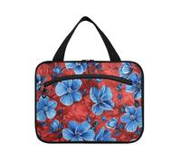 Un sacco di fiori blu su uno sfondo rosso appeso da uomo borsa da viaggio da toilette con gancio, borsa da trucco lavabile di design per viaggi must-have lavoro maleta para maquillaje L