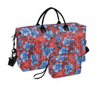 Un sacco di fiori blu su uno sfondo rosso decorativo Carry On spalla Weekend Tote Sport Tote Gym Bag con borsa da toilette per viaggi di lavoro impermeabile bolso de Mano para viajar en Avion