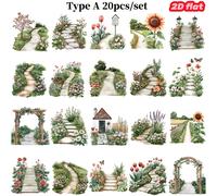 Un set di 20 adesivi creativi in stile retrò, progettati per il giardinaggio, con design 2D di sentieri , piante e fiori, per decorare diari, quaderni, album di e regali