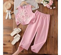 Un set di due pezzi composto da canotta rosa a girocollo senza maniche e pantaloni a gamba dritta per l'estate, adatto per ragazze e adulte, alla moda, versatile, carino, delicato e di stile. Il tessu